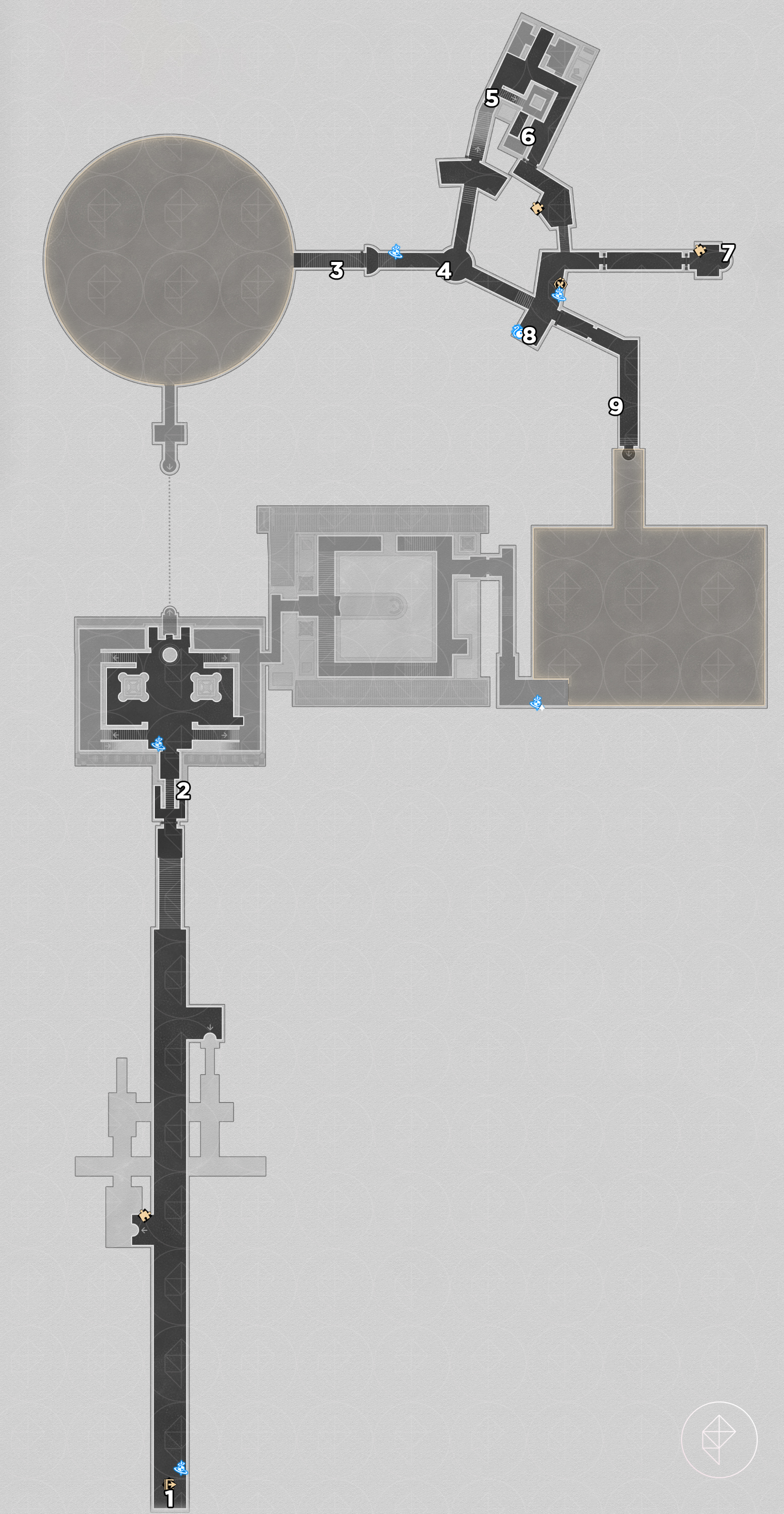 A map of the first floor of “Bloodbathed Battlefront” Castrum Kremnos in Honkai: Star Rail, with numbers pointing out where to find beetles.