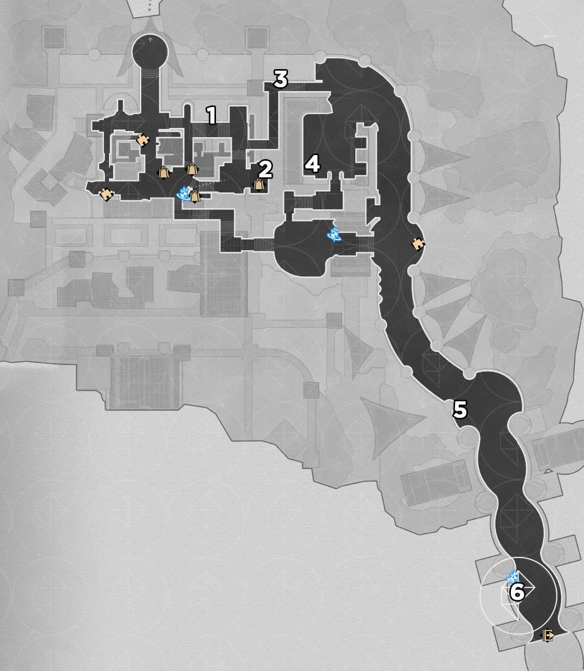 A map of the “Eternal Holy City” Okhema’s left side and lower floor in Honkai: Star Rail, numbering butterflies to find.