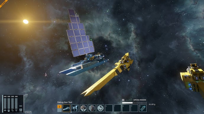 Two vessels made by the player float side by side in zero gravity.