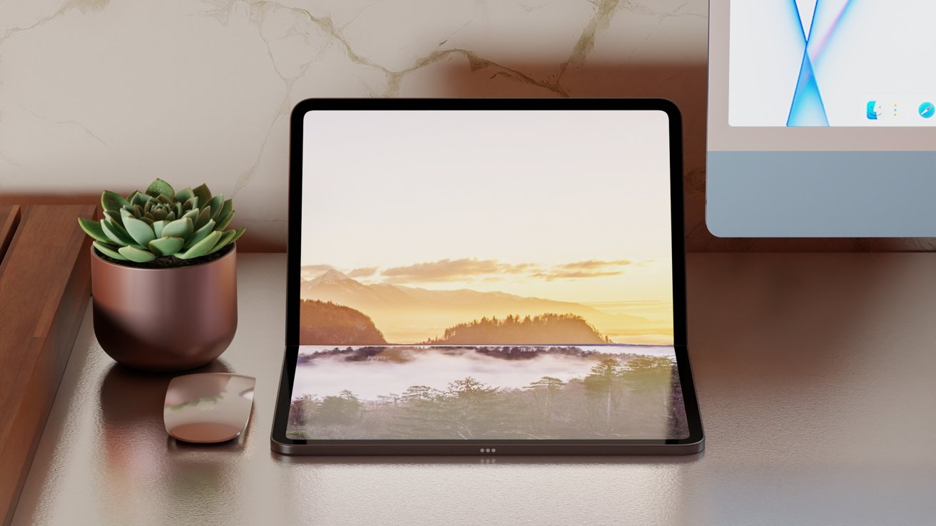 Desk with a potted succulent, wireless mouse, and a tablet displaying a serene landscape, next to a computer monitor.