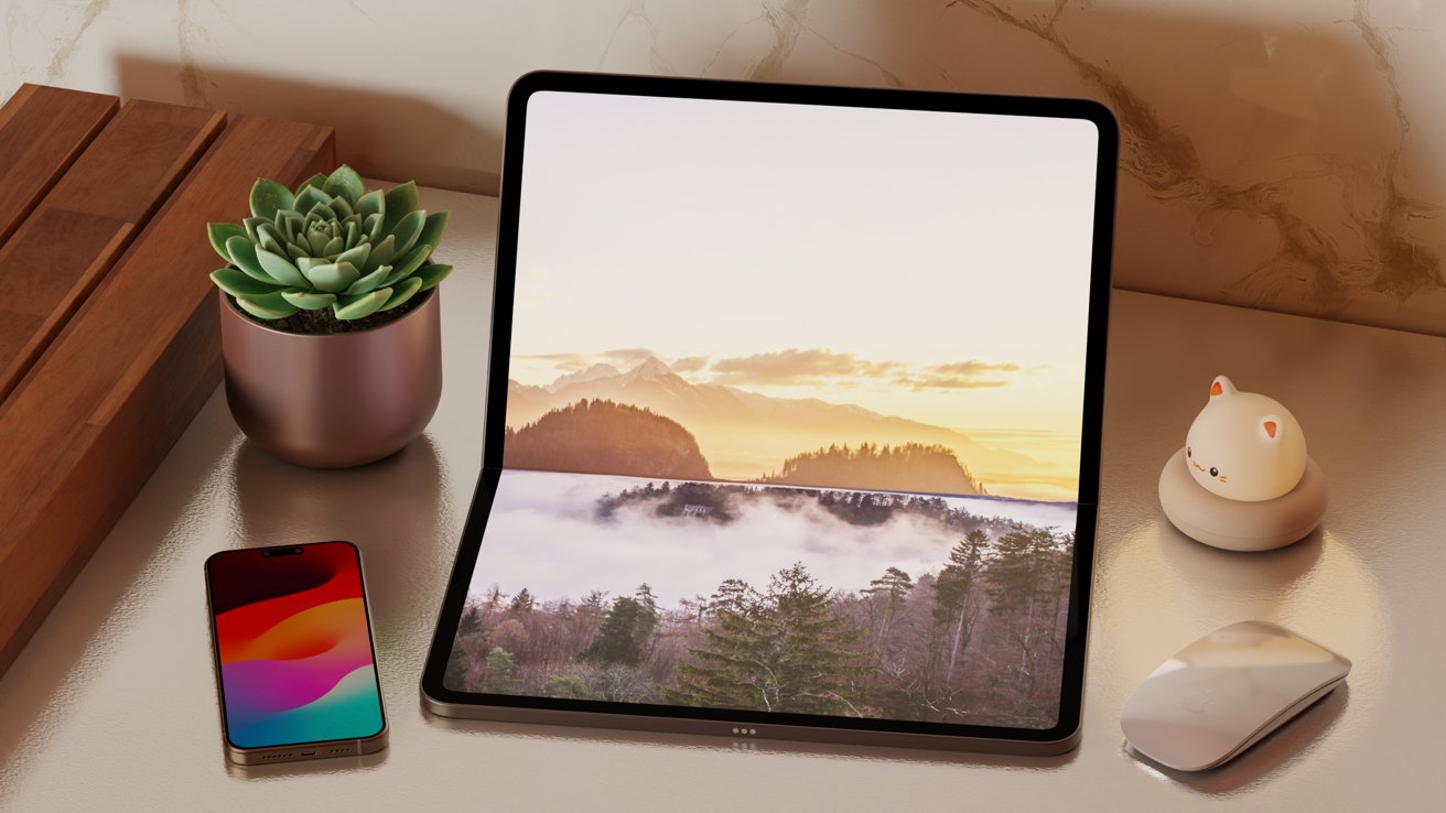 Tablet with mountain landscape, succulent plant in pot, colorful smartphone, cute cat-shaped light, and computer mouse on a reflective surface.