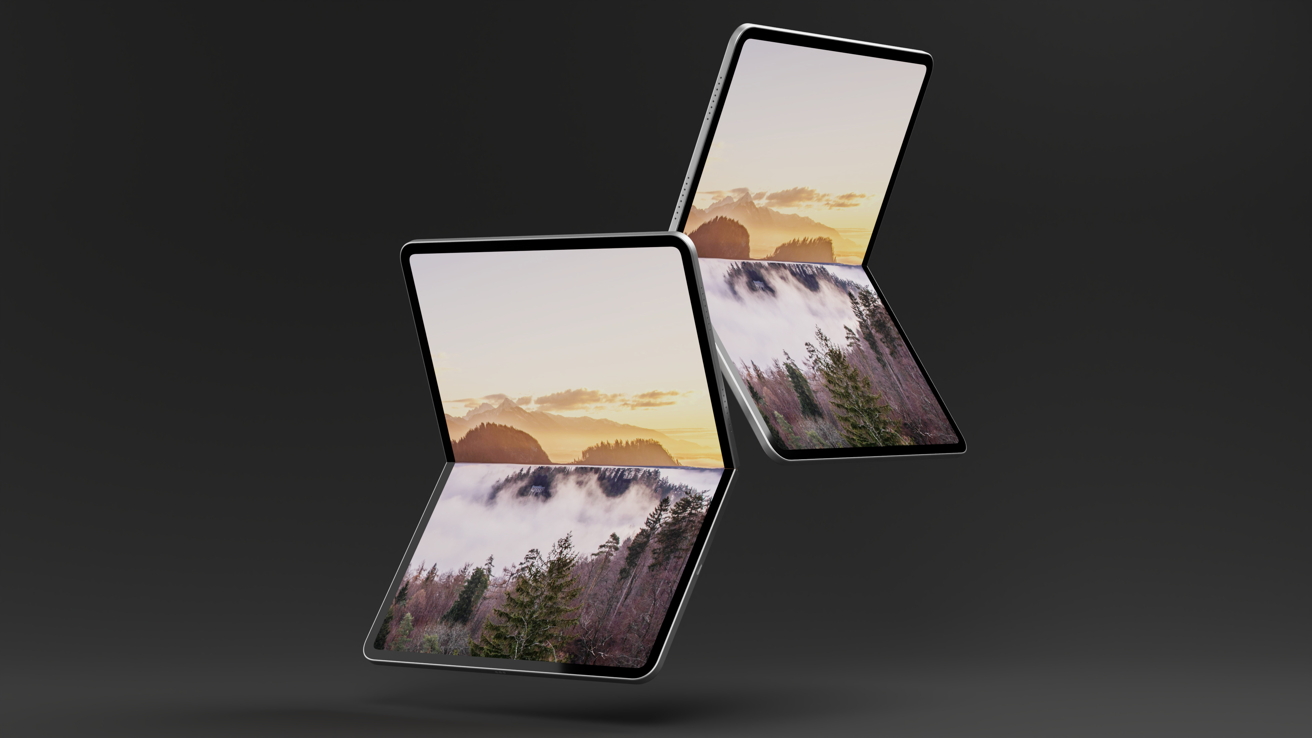 Two foldable smartphones, each displaying a scenic mountain landscape with trees and clouds, positioned against a dark background.