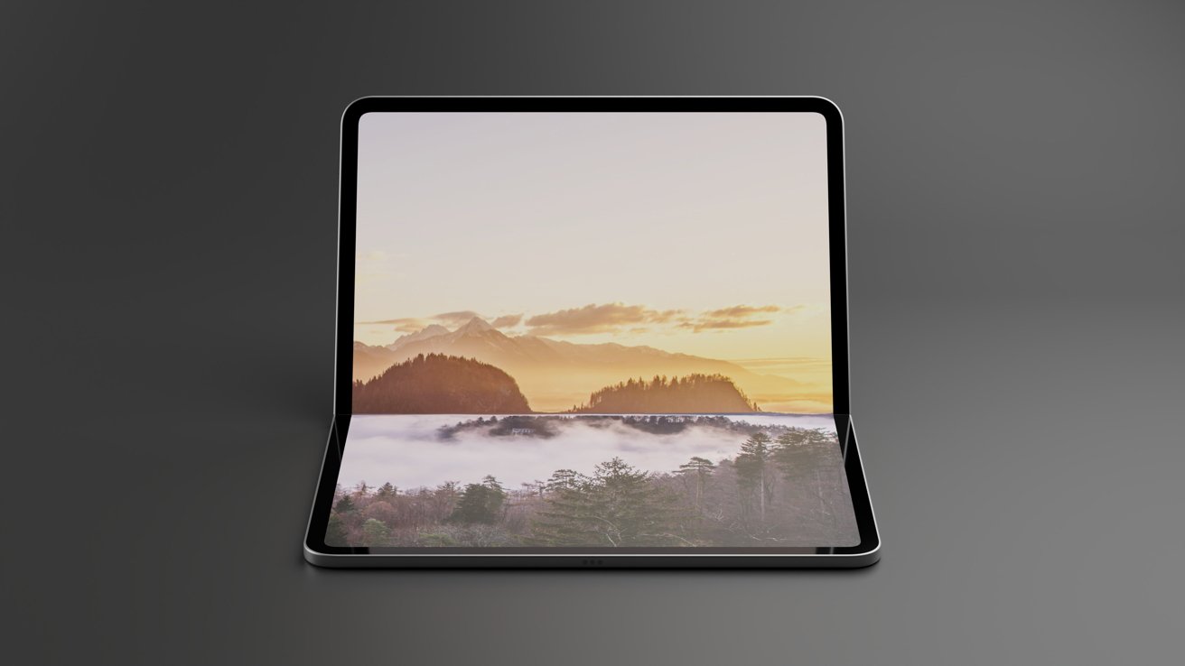 Foldable tablet displaying a serene landscape with mountains, trees, and a colorful sky on a dark, neutral background.