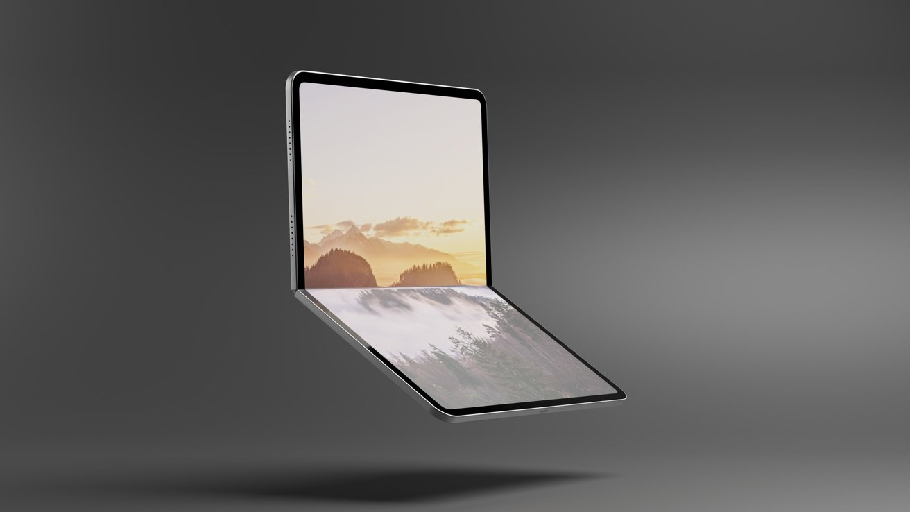 Futuristic foldable device displaying a scenic landscape with mountains and trees, set against a gray background.
