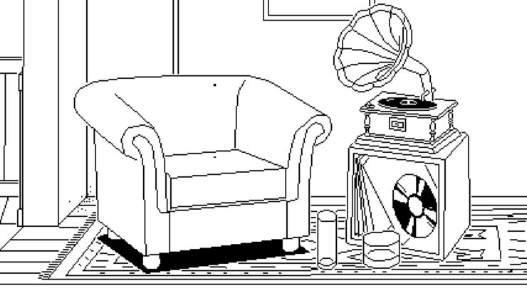 Time Flies - A chair and a grammophone in a room.