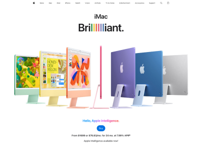 Screenshot of the Apple iMac website showing bright product photography on a white background