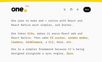 Screenshot of One react framework website included a softly curved bright yellow border highlight along the top of the page