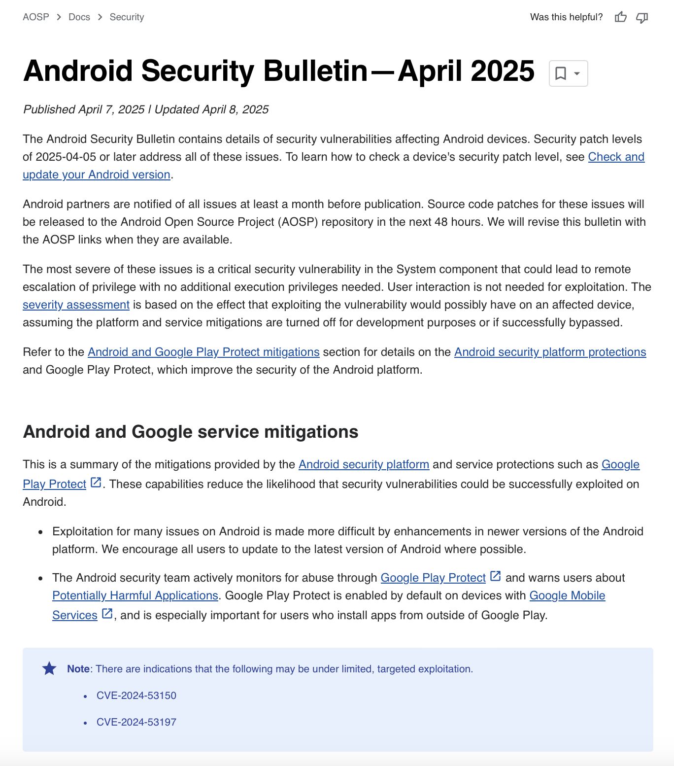 A screenshot of the latest Android Security Bulletin with CVE codes.