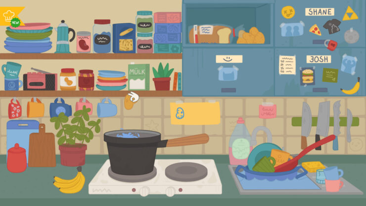 Little Chef 2 - A stocked kitchen filled with food. A poy bubbles on a stovetop with a sink filled with dishes beside it.