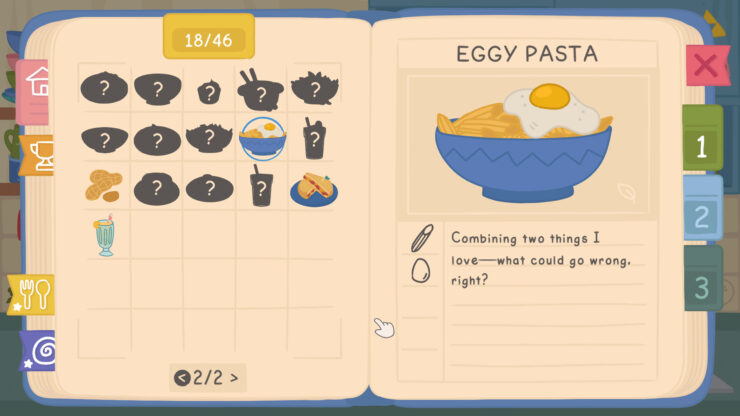 Little Chef 2 - Several food items are blacked out in a cookbook. A picture of egg on pasta is on the right.