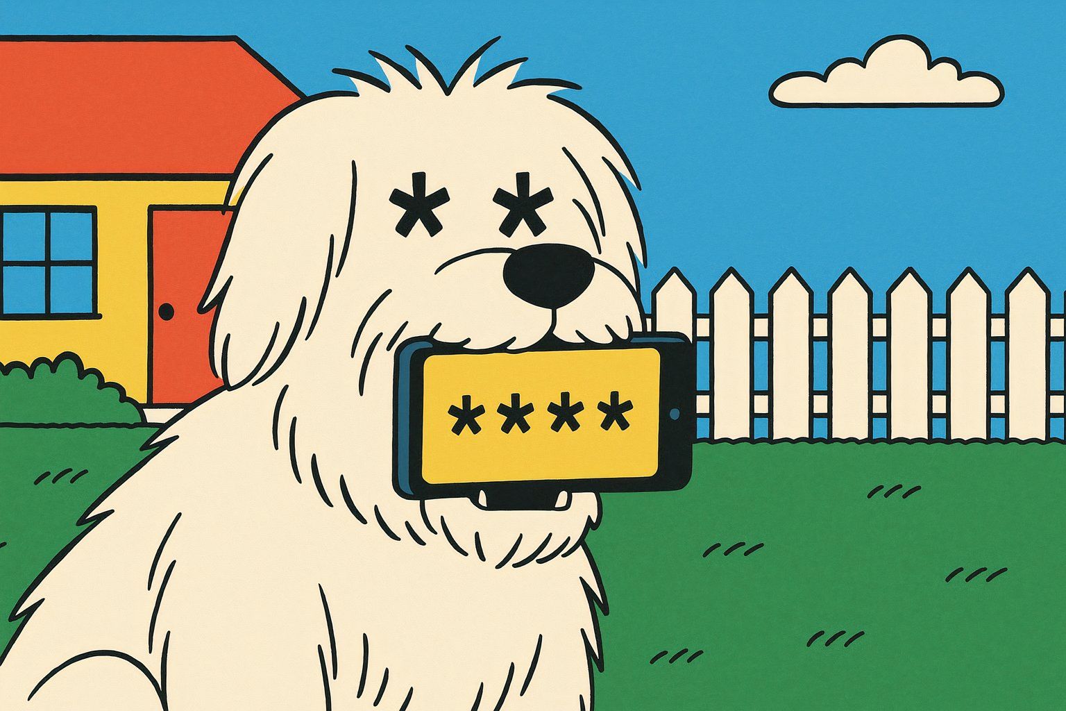 An illustration of a white dog with a smartphone in its mouth