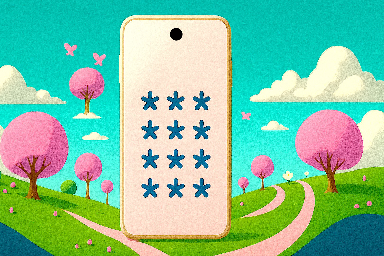 A whimsical illustration of a phone with asterisks in a hilly area.