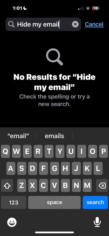 Searching for Hide My Email on iPhone in Settings app finds nothing