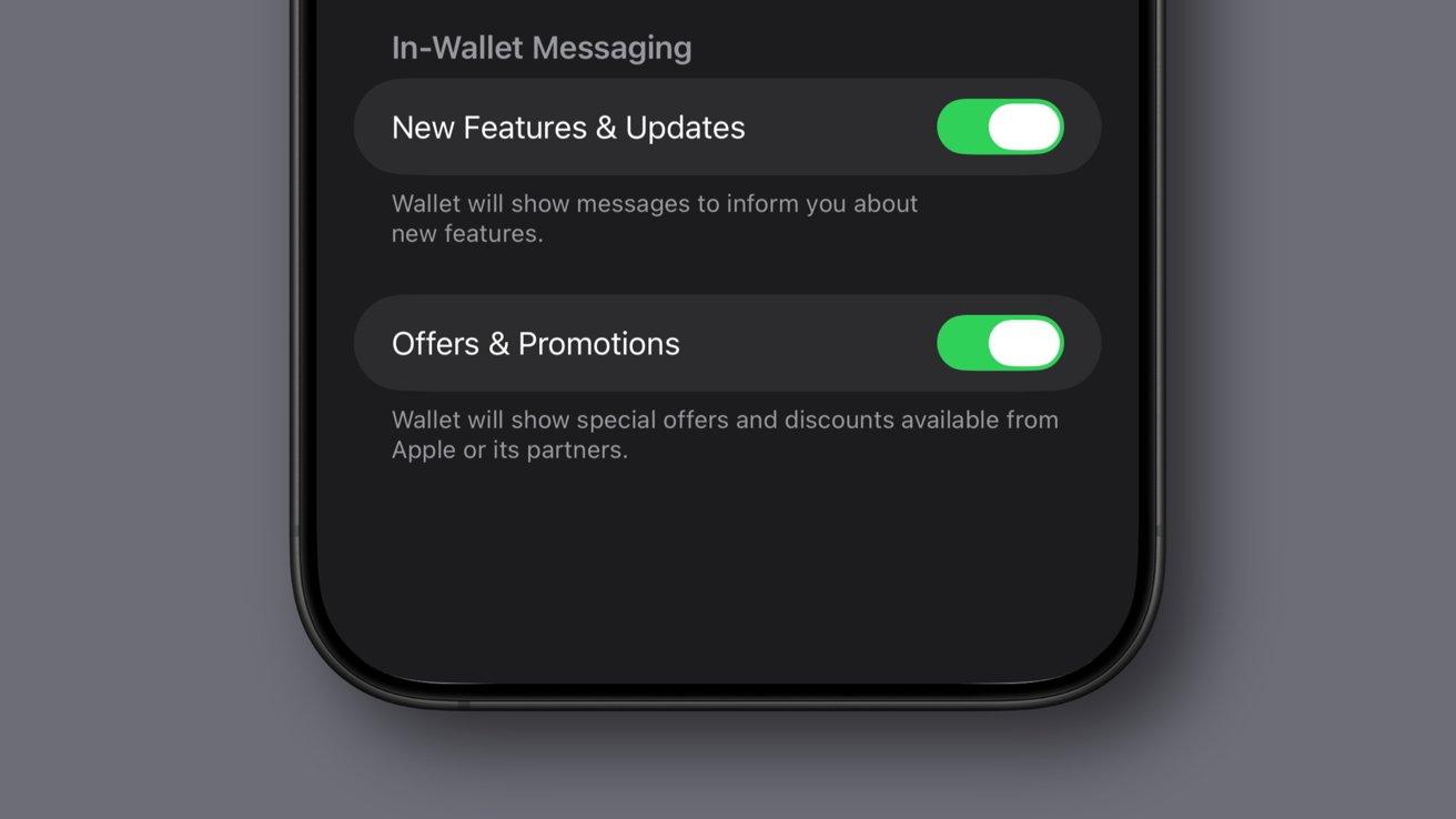 iPhone screenshot showing the toggle to turn off promotions in Apple Wallet