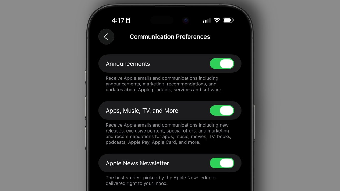A smartphone screen displaying communication preferences with toggle switches for announcements, apps, music, TV, and Apple News Newsletter, all turned on.