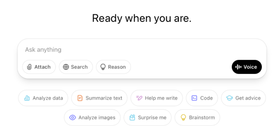 Chat interface with prompt bar labeled “Ask anything” and options like Attach, Search, Reason, and Voice, plus task buttons like Summarize text and Analyze data.