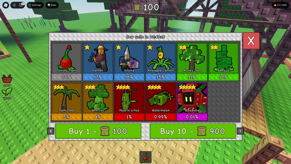 Preview of the Summon menu where one can get new units in the Garden Tower Defense Roblox experience.