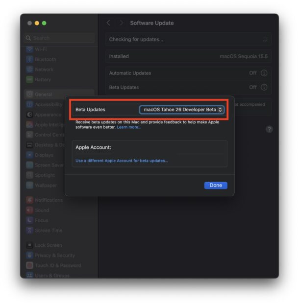 Select the MacOS Tahoe 26 beta