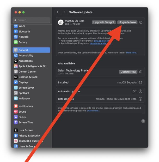 Install the MacOS Tahoe 26 beta right away by clicking on "Upgrade Now"