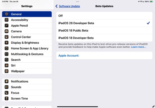 Select iPadOS 26 beta