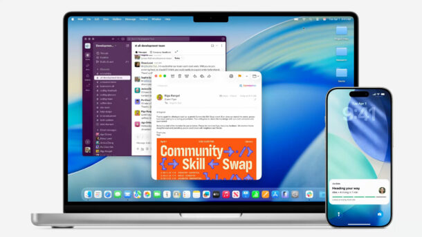 MacOS Tahoe 26 desktop with iPhone and Live Activities