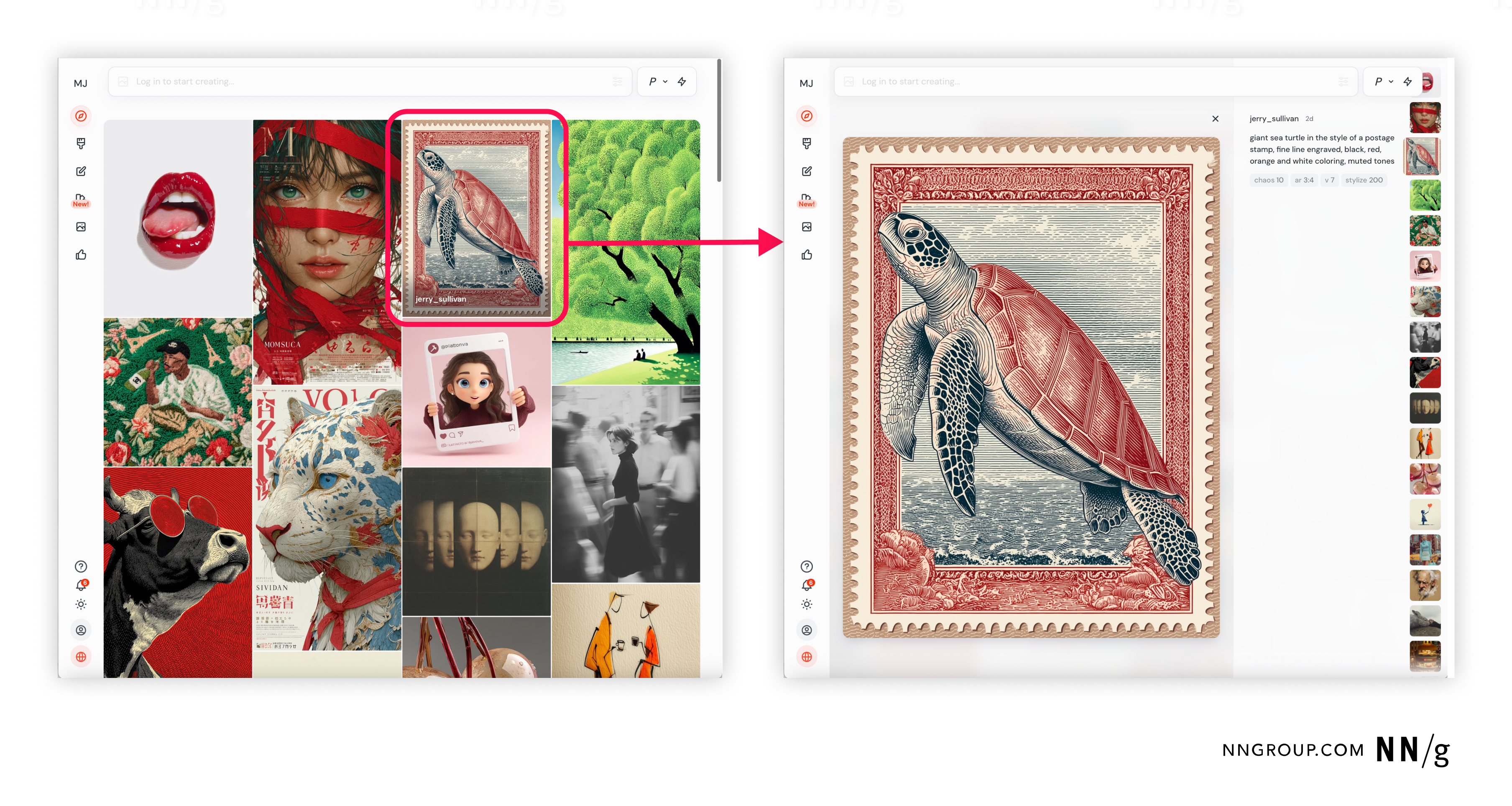 User interface showing image grid with a sea turtle artwork highlighted; zoomed-in view on right reveals turtle in vintage postage stamp style with muted red tones.