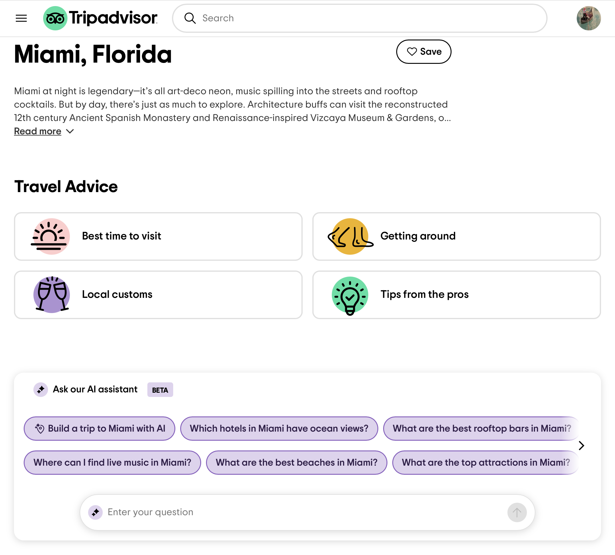 Tripadvisor page for Miami, Florida, showing travel advice sections like “Best time to visit” and an AI assistant with suggested travel questions like beaches and bars.
