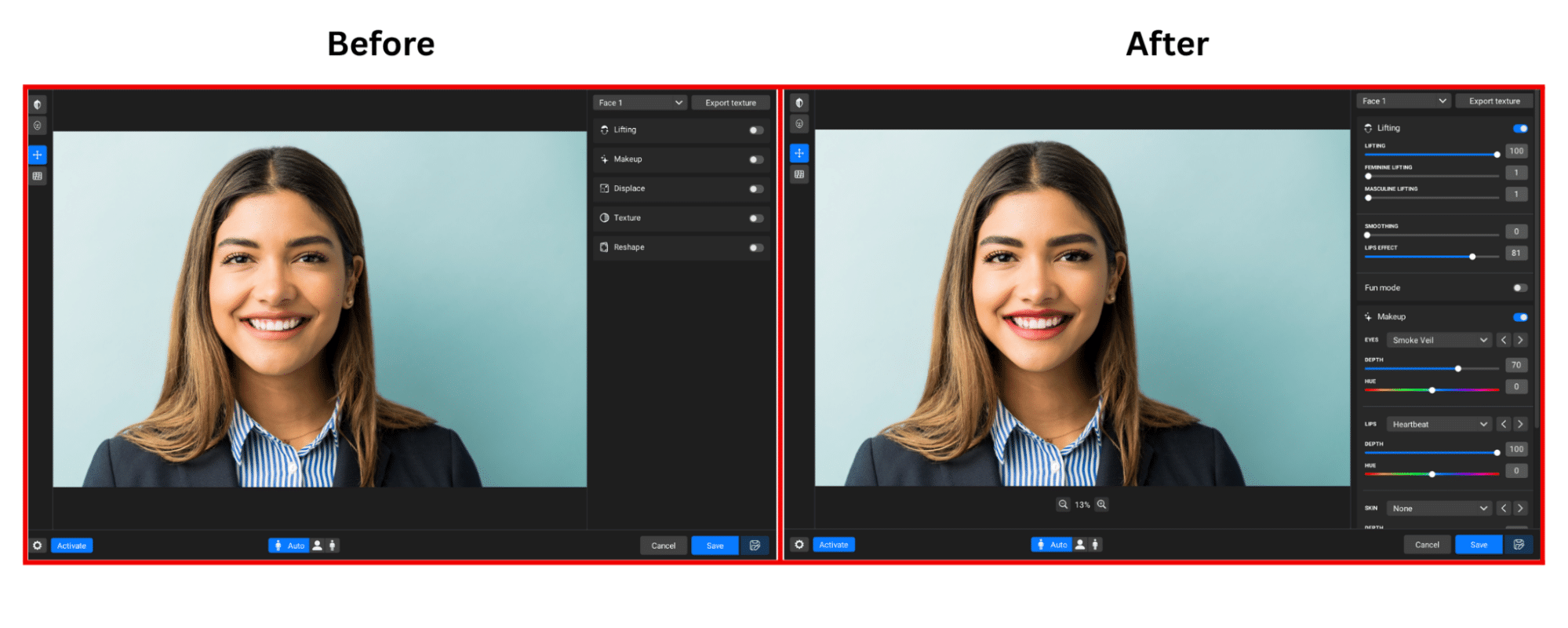 Before and after editing of a business profile image using Retouch4me Face Make