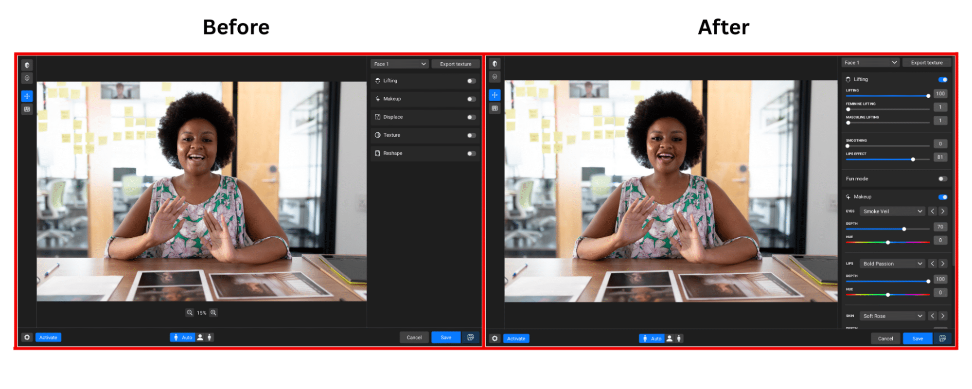 Before and after editing of an influencer thumbnail using Retouch4me Face Make
