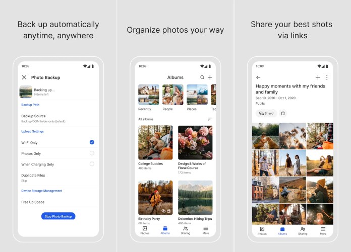 Interface of a photo backup app showing three screens: 1) Automatic backup settings, 2) Photo album organization, 3) Sharing options for photos with selected dates.