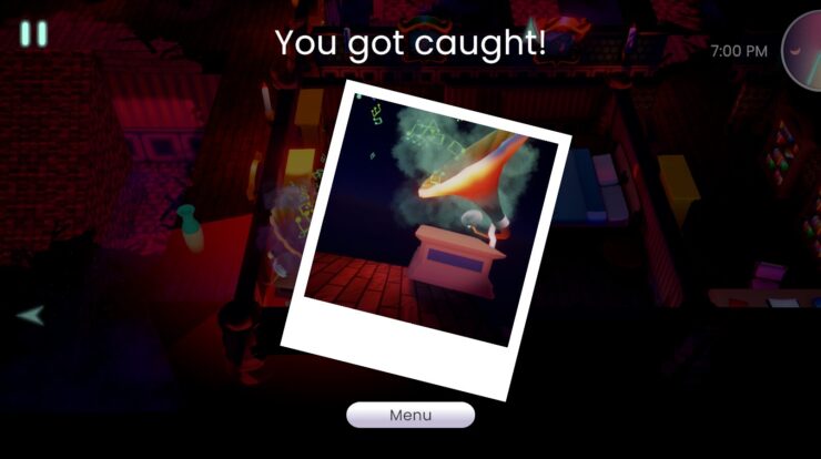 Normal Activities - A picture of a phonograph with supernatural smoke billowing off of it. The text tells the player that they have been caught.