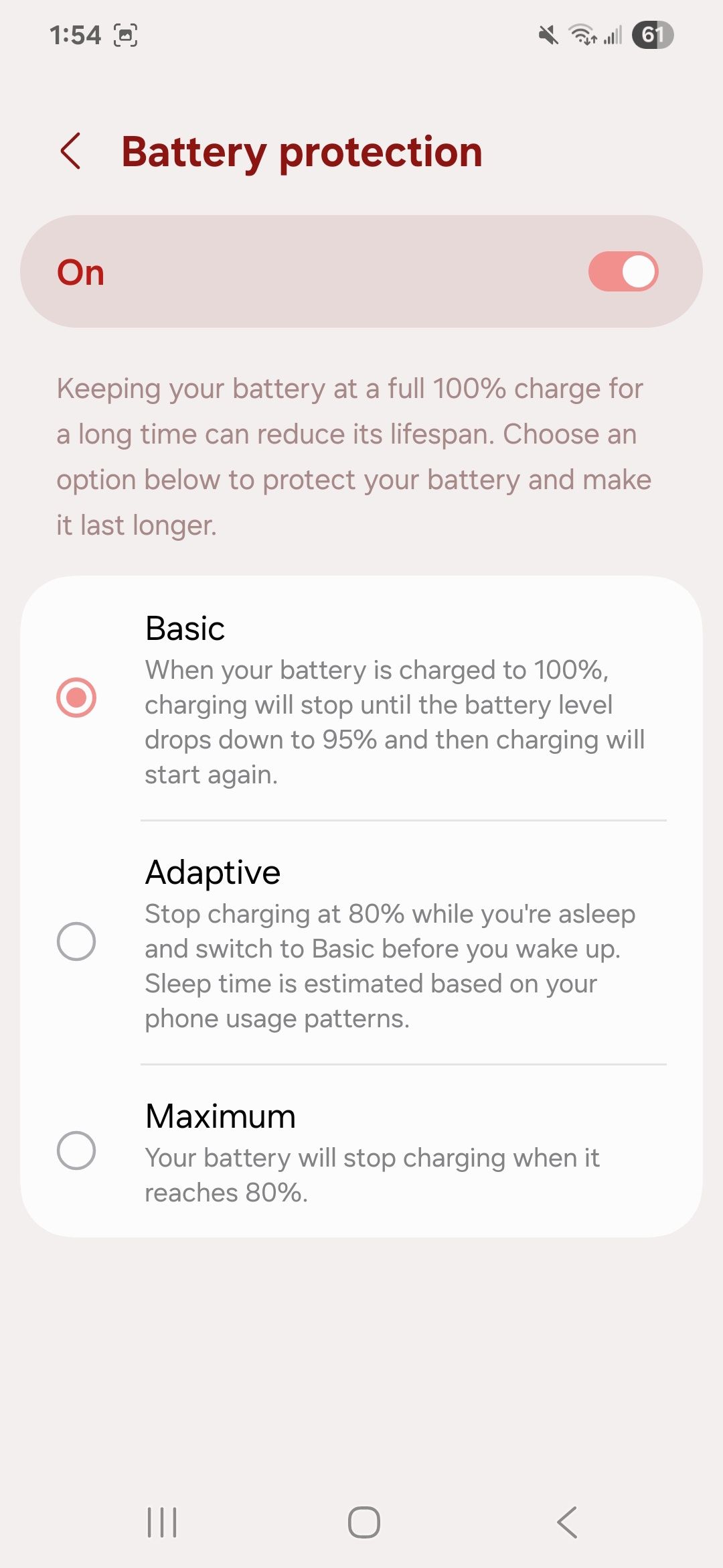 Three choices for battery protection selections including basic, adaptive and maximum on a Samsung phone