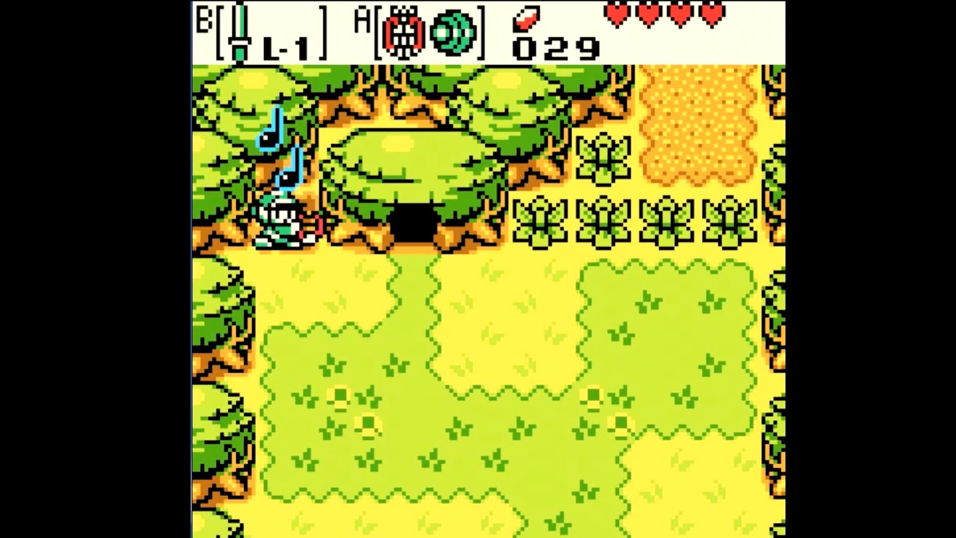 Pixel art outdoor scene with a character playing music beside a tree with a dark entrance