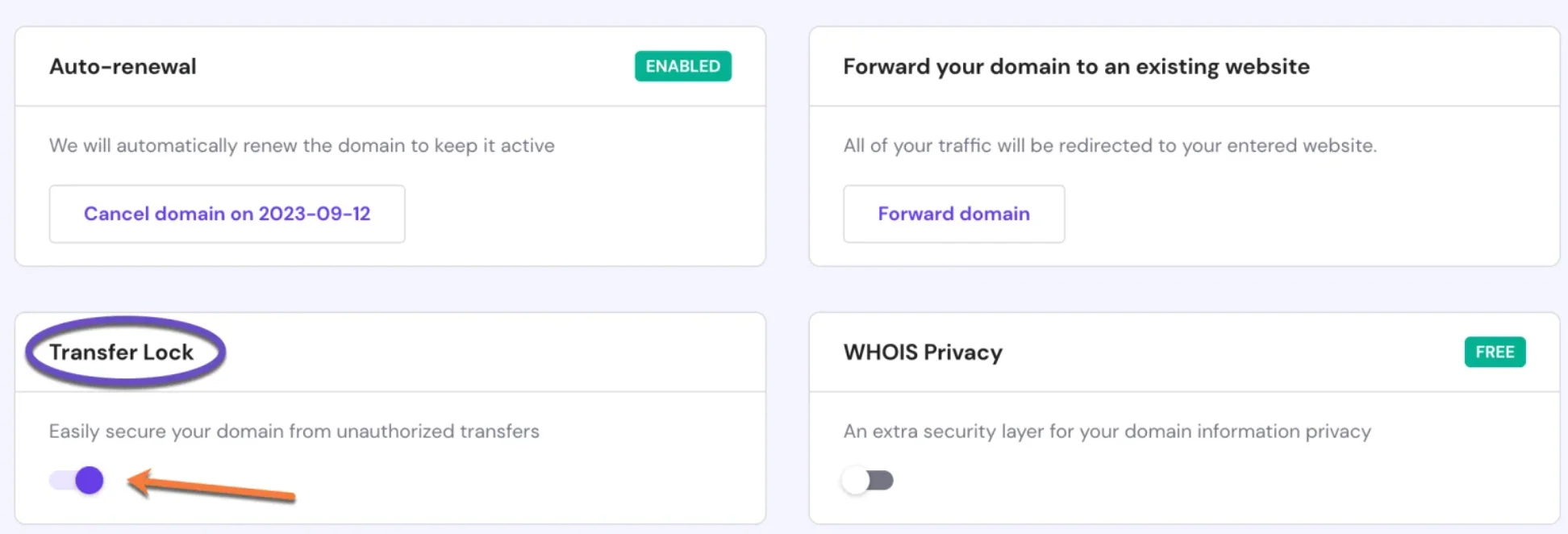 Hostinger security dashboard with red arrow pointing to transfer lock toggle