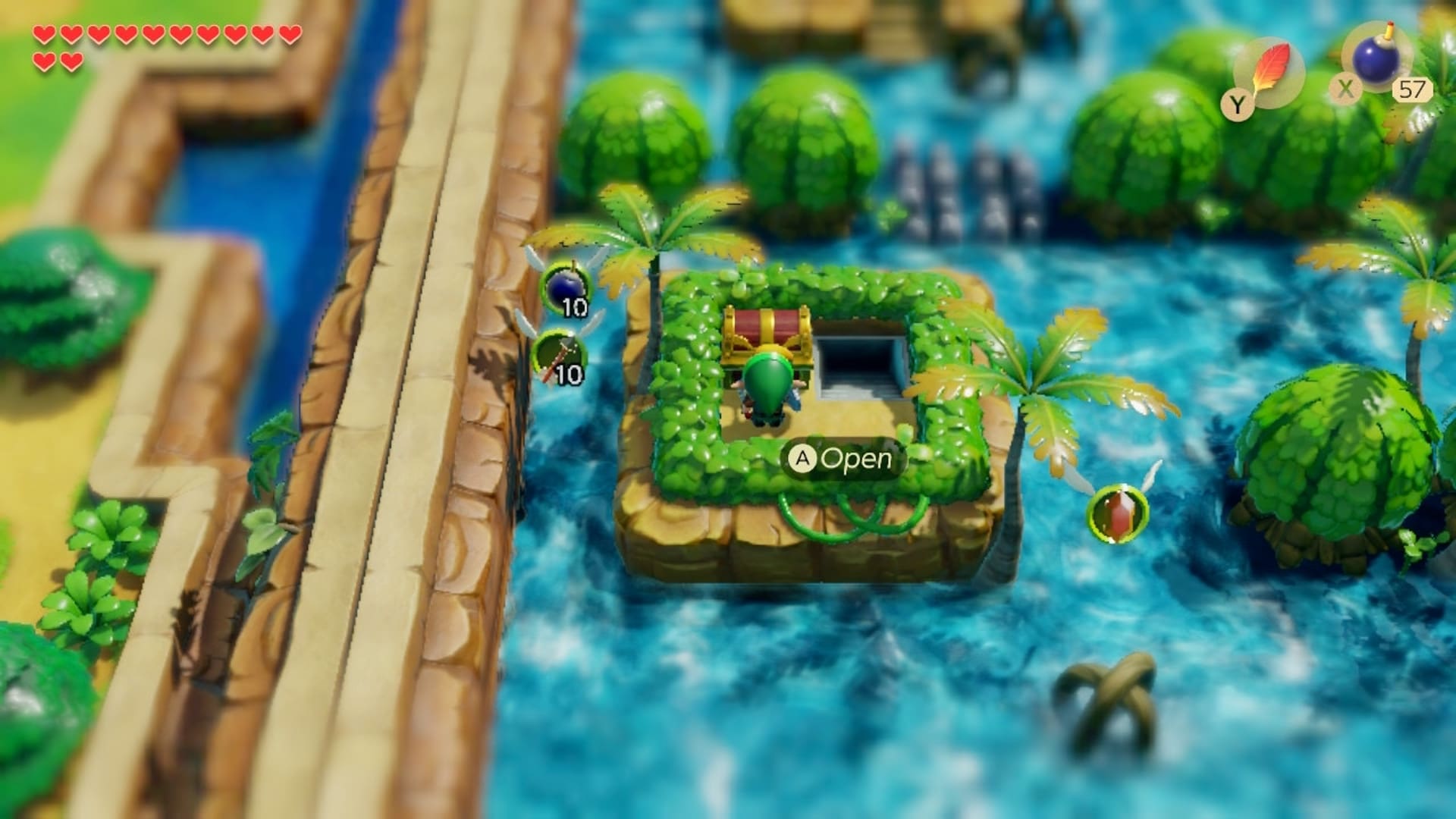 A vibrant game scene shows a lush, tropical island with a character in green near an open treasure chest