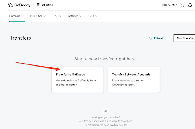GoDaddy Transfers dashboard with red arrow pointing to Transfer to GoDaddy option