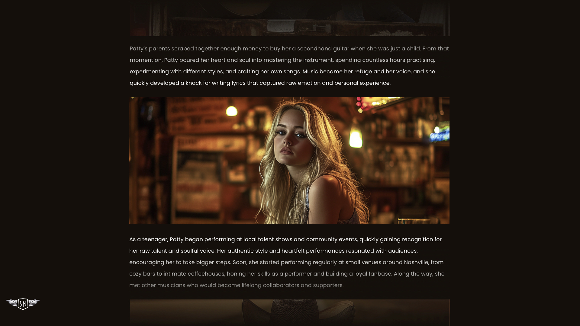 A full-width image of a Patty Meltt headshot in between two paragraphs of white text on a black background,