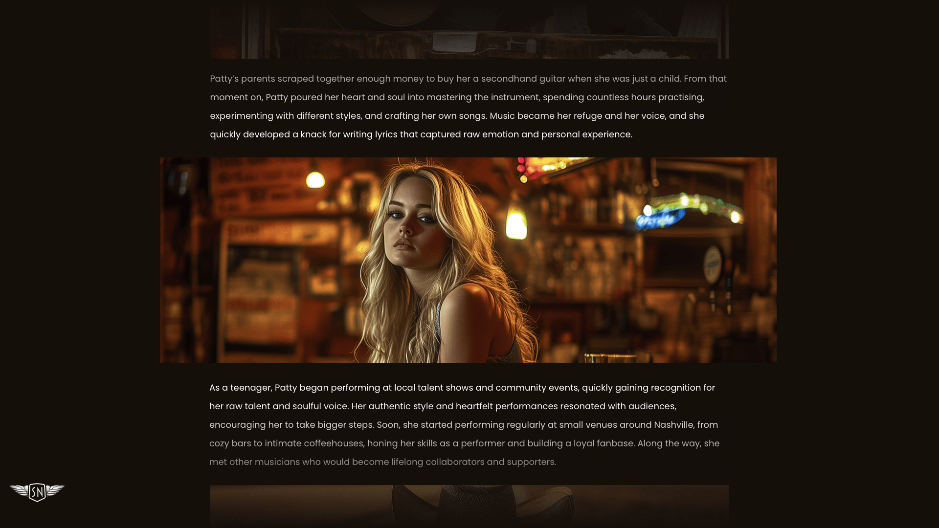 A full width headshot image of Patty Meltt in between two paragraphs of white text on a black background. The paragraphs are slightly shorter than the image width.