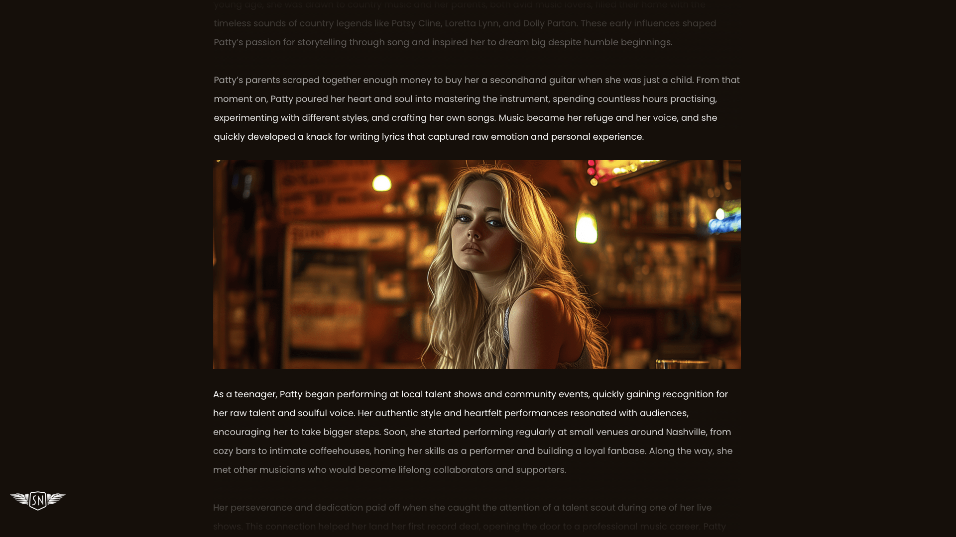 Full-width headshot of Patty Meltt between two paragraphs of white text on a black background.