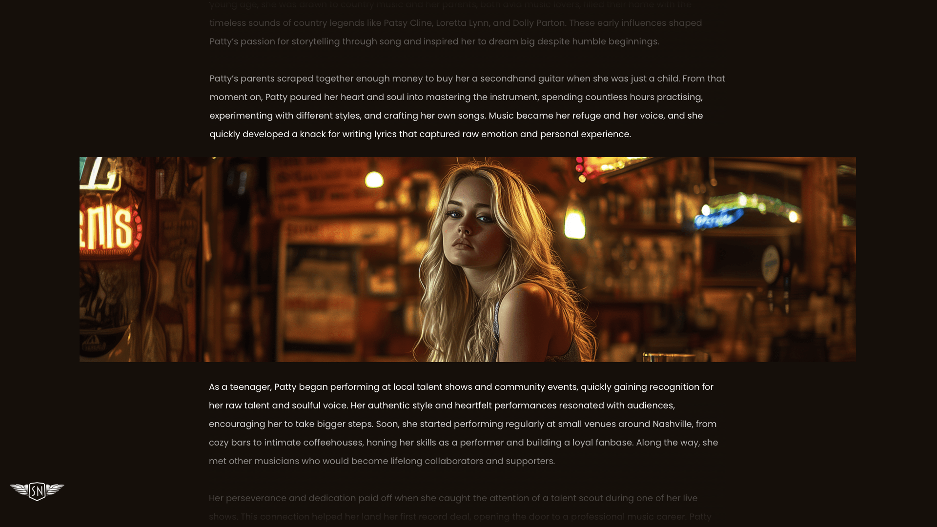 Full-width headshot of Patty Meltt between two paragraphs of white text on a black background.