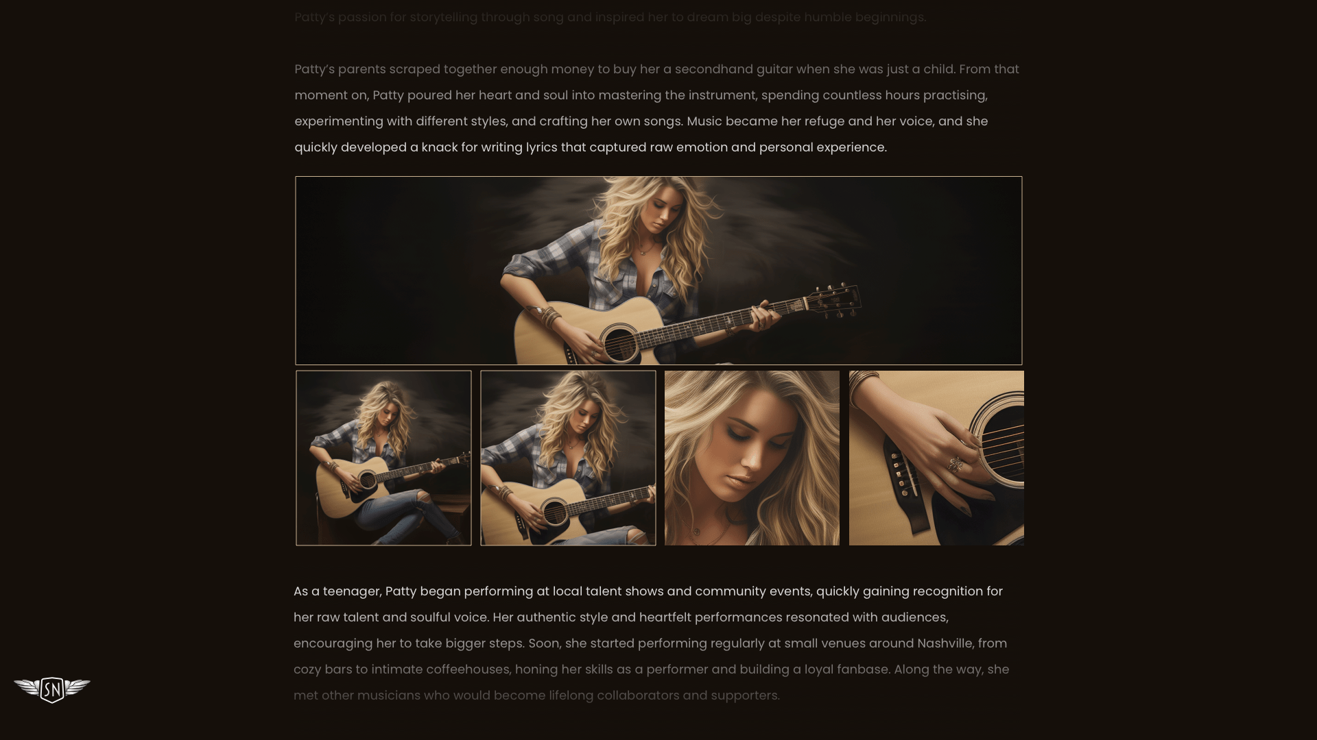 Modular grid containing a sequence of images between two paragraphs of text. The grid has a full width image in the first row and a series of four equal-width images on the second row.