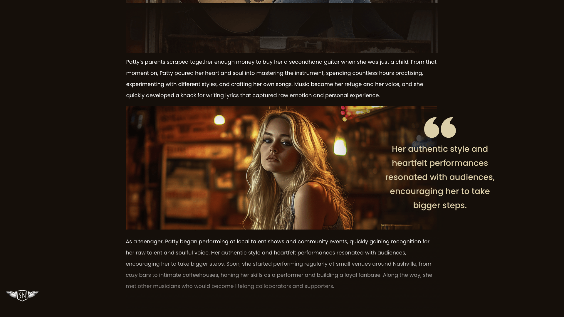 Caption styled to look like a pull quote on top of the image like an overlay. The two surrounding paragraphs are tightly spaced around the image.