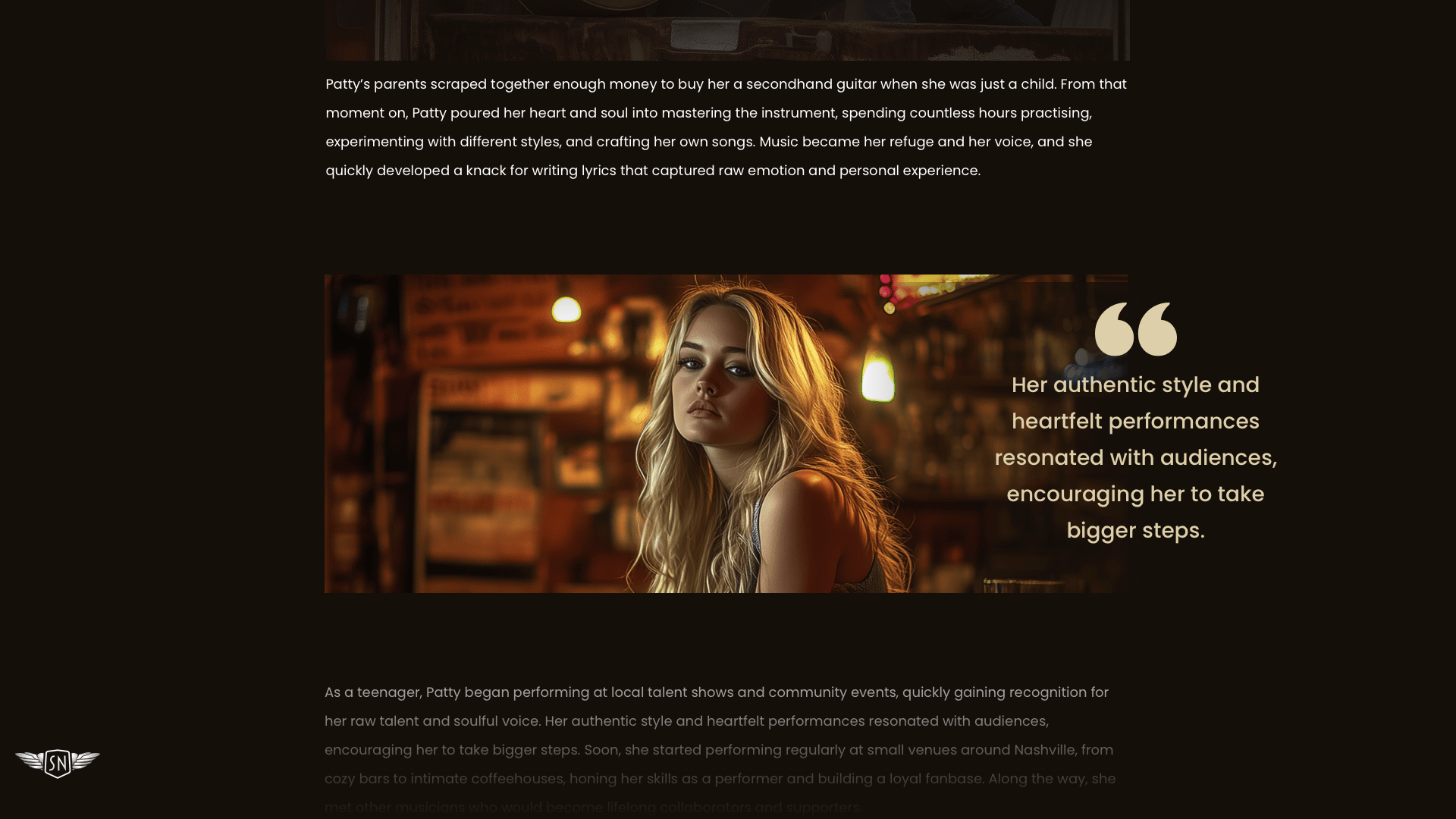 Caption styled to look like a pull quote on top of the image like an overlay. The two surrounding paragraphs have extra space around the image.