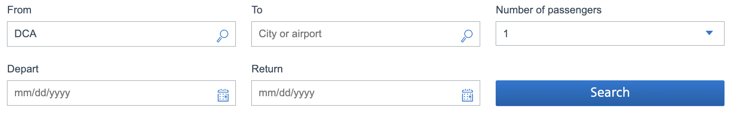 Various fields on an airline booking page. Inside some of the fields is placeholder text that says things like 