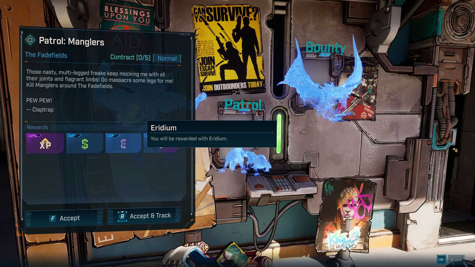 A Borderlands 4 screenshot showing the contract board where you accept patrol and bounty missions