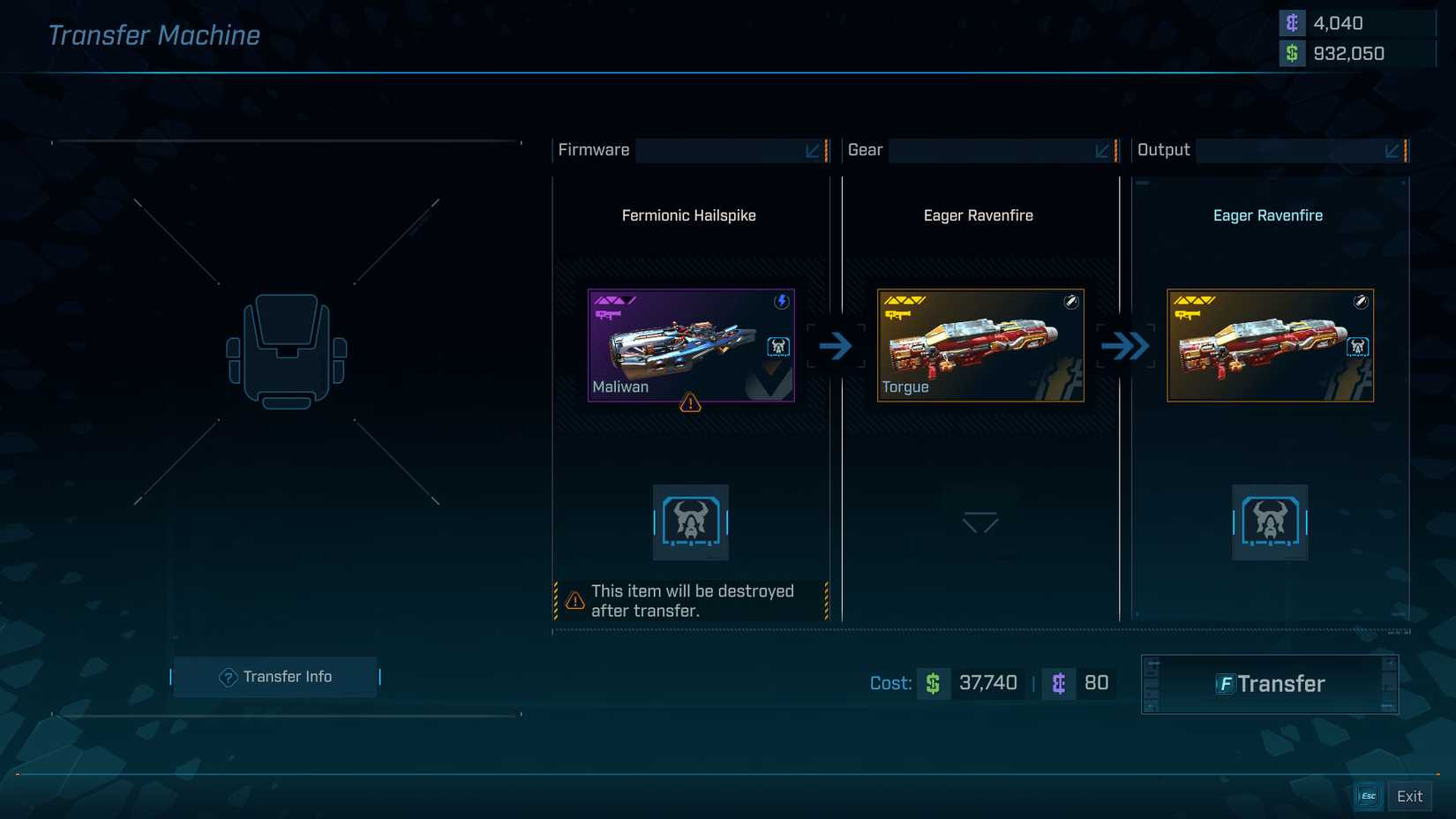 A Borderlands 4 screenshot showing the Transfer Machine interface where we can transfer firmware between items