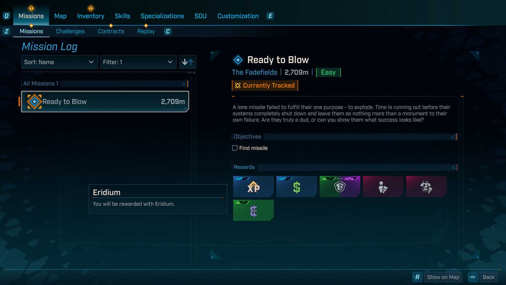 A Borderlands 4 screenshot showing the description of a side mission and where it indicates you receive Eridium by completing said mission