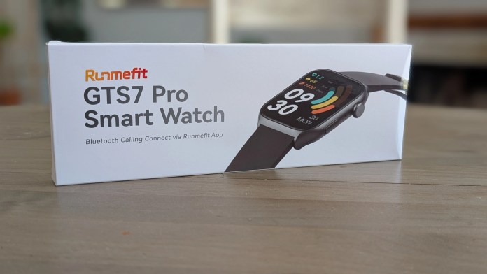 Runmefit GTS7 Pro Smart Watch packaging showcasing a sleek design with a colorful display and features including Bluetooth calling.