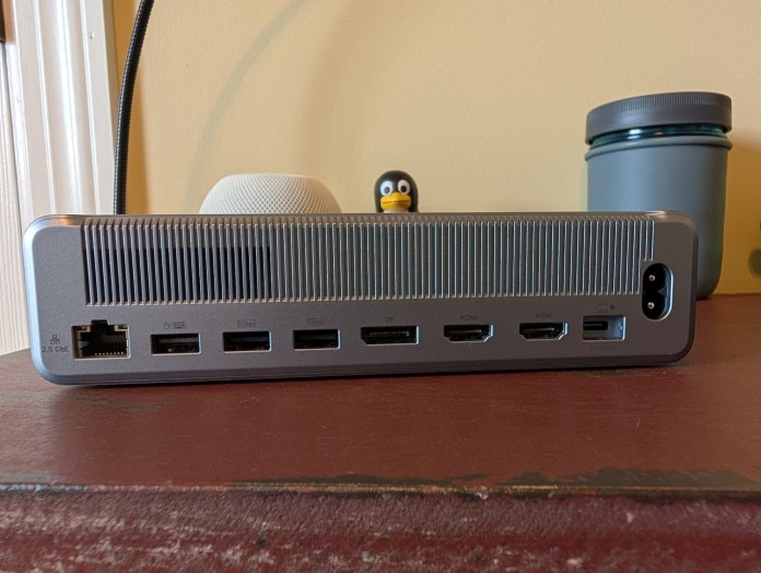 Back view of the Anker Prime Docking Station showing its multiple input and output ports including Ethernet, USB-A, HDMI, and DisplayPort connections.