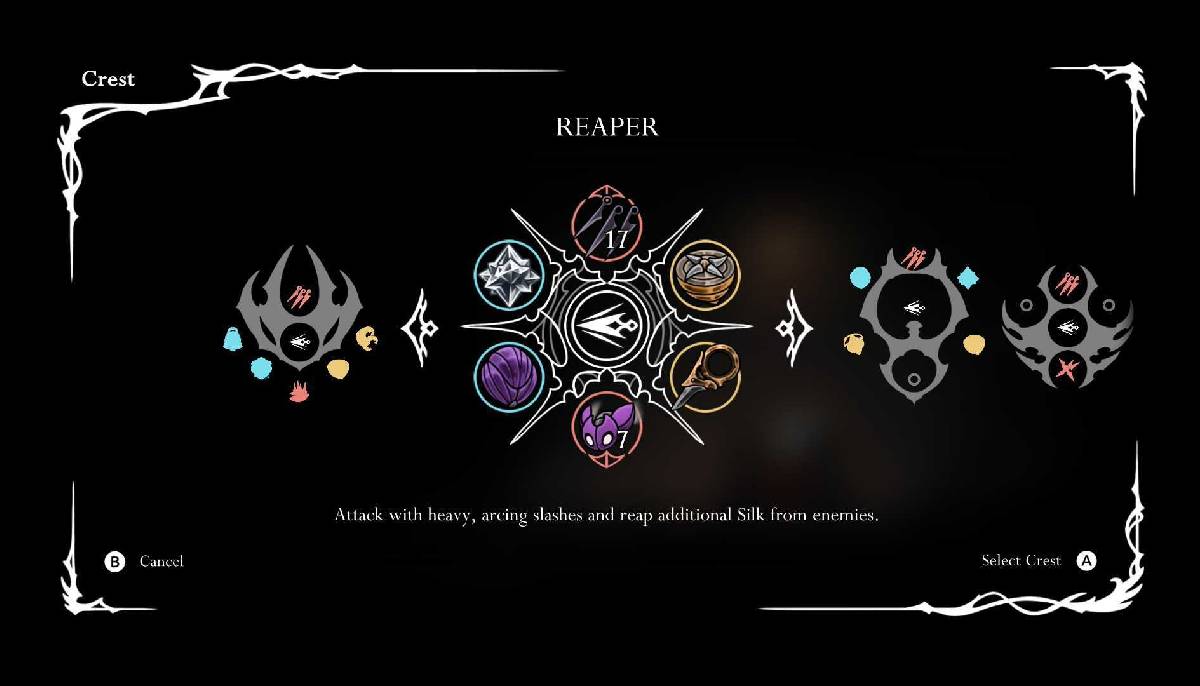 Hollow Knight: Silksong
interface showing a 'Reaper' crest selection. Central emblem with interconnected icons, emphasizing mystical and aggressive elements